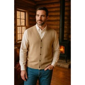 Eddie Bauer Vintage Knit  V-Neck Button Front Sweater Vest Beige Sz XL Heritage